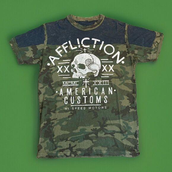Affliction American Customs Undertaker T-Shirt Sz Med Military Green Camo Y2K - Picture 1 of 7